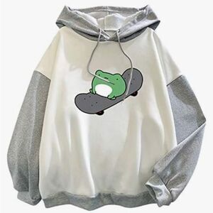 🌴 Cute Frog Skateboard Hoodie White Gray Size M